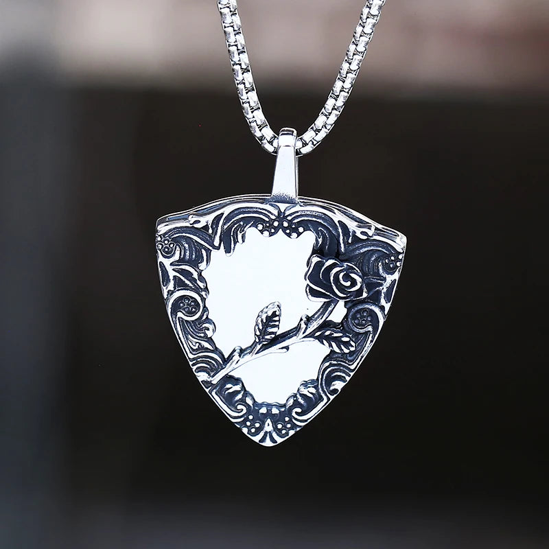 316L Stainless Steel Men's Necklace Mirror With Flowers Pendant Necklace Vintage Accessories Fashion Party Gift