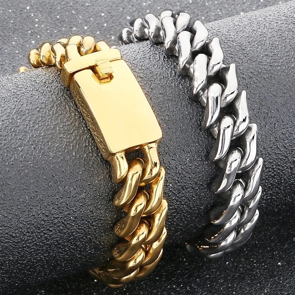 Polished 15mm Cuban Link Bracelet for Man Luxury Waterproof Gold Color Stainless Steel Men's Chain Bracelets Fashion