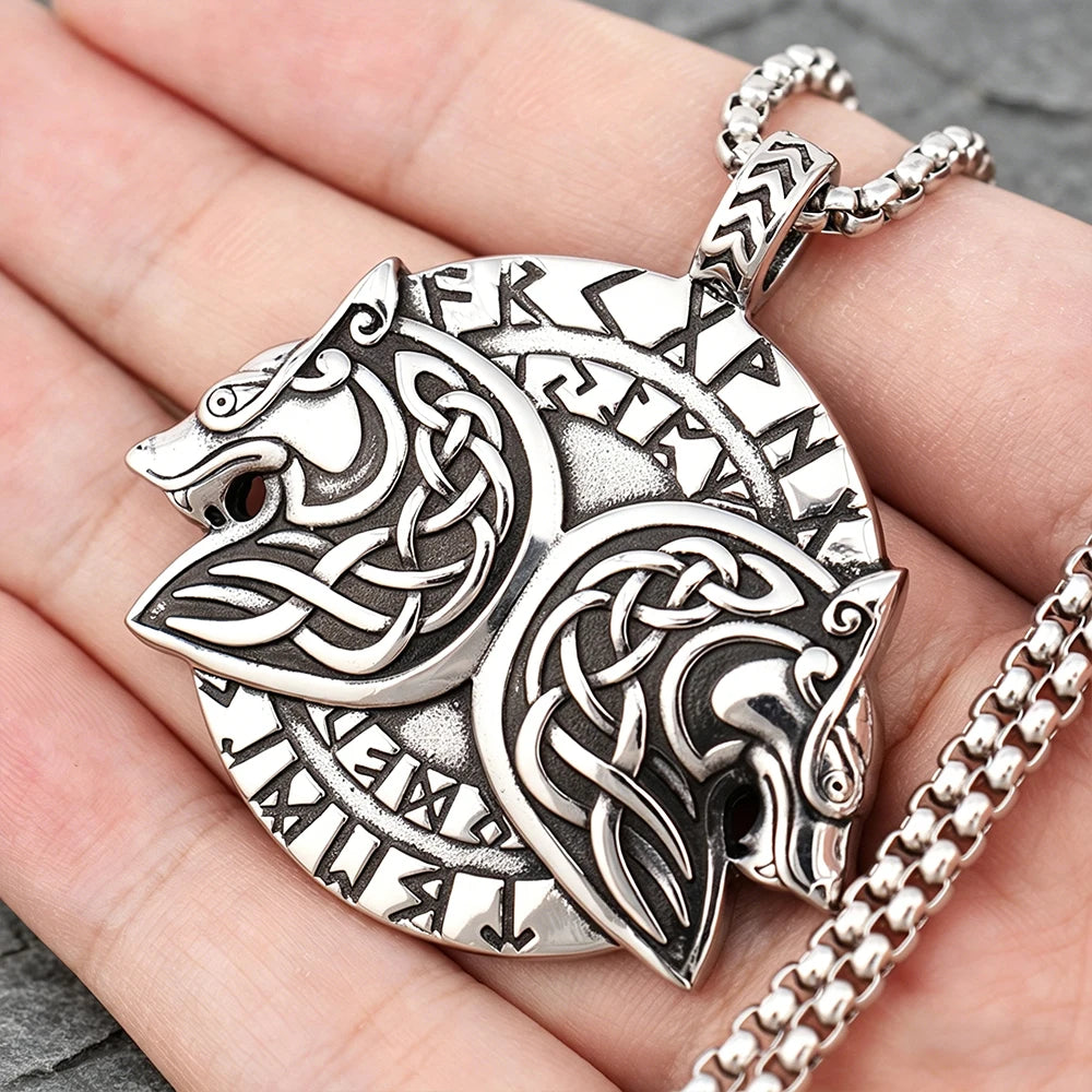 Stainless Steel Viking Fenrir Wolf Pendant Necklace Vintage Nordic Rune Men Jewelry Gift Wholesale Dropshipping