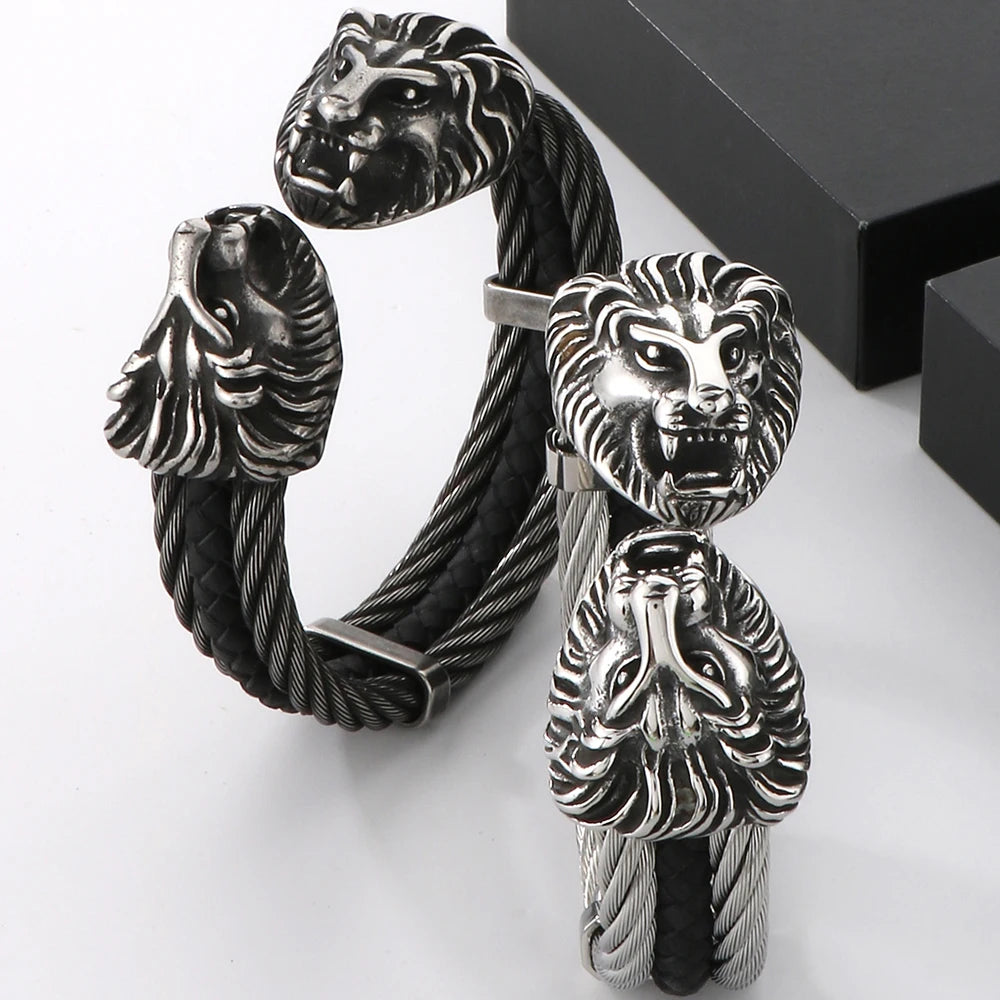Gothic Elastic Double Lion Face Head Open Cuff Bangle Bracelet For Man Stainless Steel & Leather 12MM Twist Chain Mens
