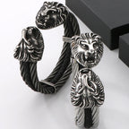 Gothic Elastic Double Lion Face Head Open Cuff Bangle Bracelet For Man Stainless Steel & Leather 12MM Twist Chain Mens