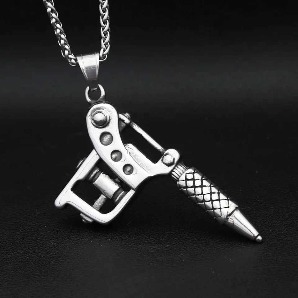 Vintage Stainless Steel Tattoo Machine Tool Pendant Necklace For Men Women Punk Hip Hop Tattoo Artist Gifts Jewelry