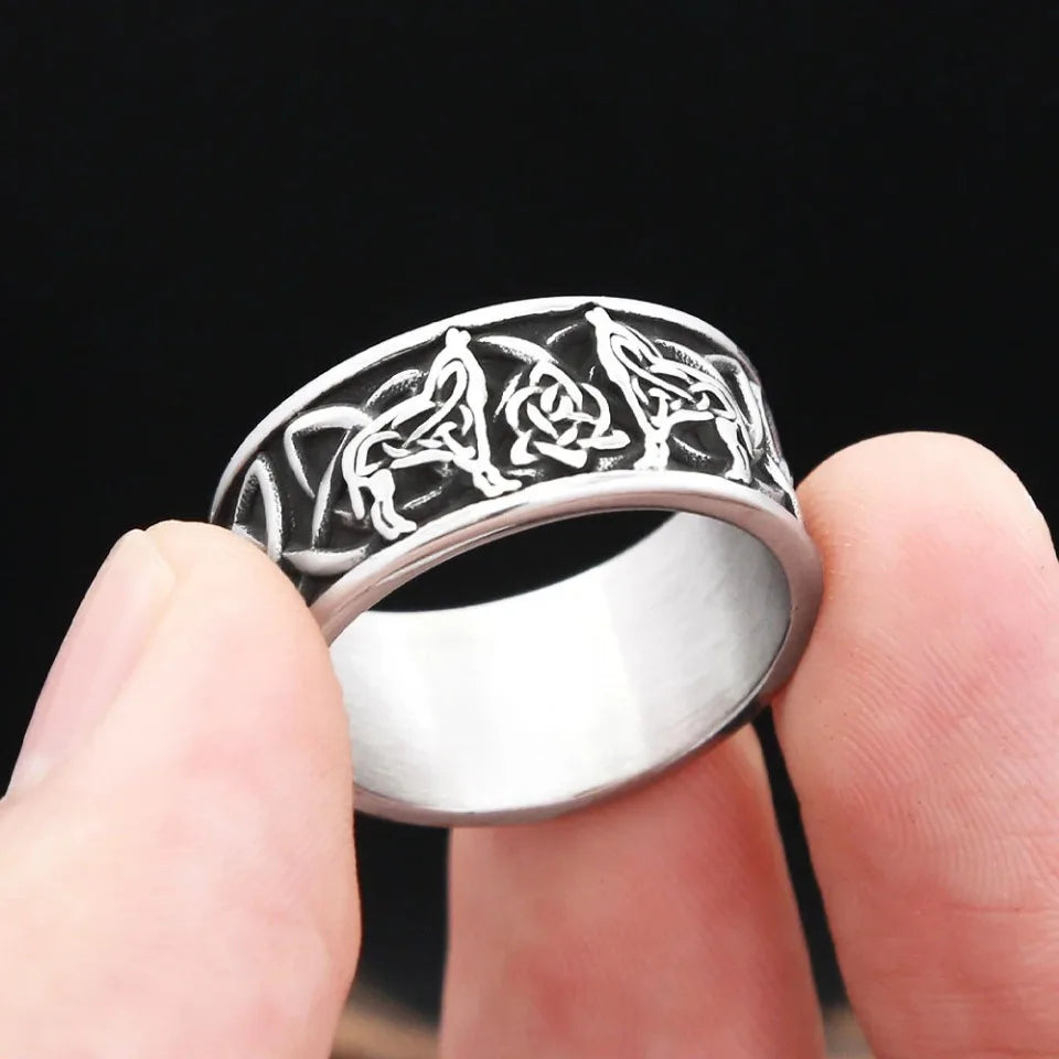 Wolf Odin Steel Ring Vintage Nordic Double Vikings