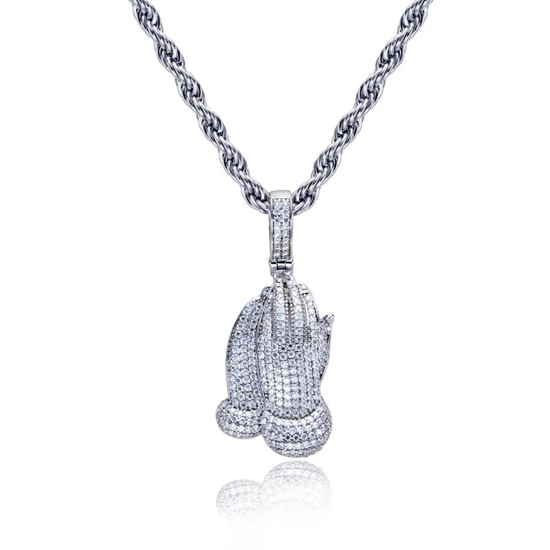 Iced Out Praying Hand Pendant — 925 Silver