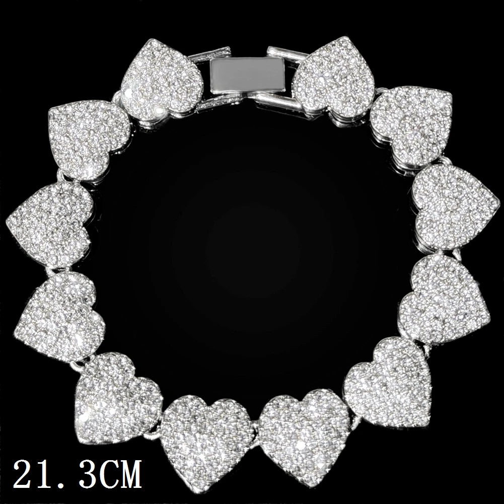 Hip Hop Full Crystal Heart Tennis Chain Bracelets for Men Women Bling Square Rhinestone Cuban Link Chain Bracelet Luxury Jewelry
