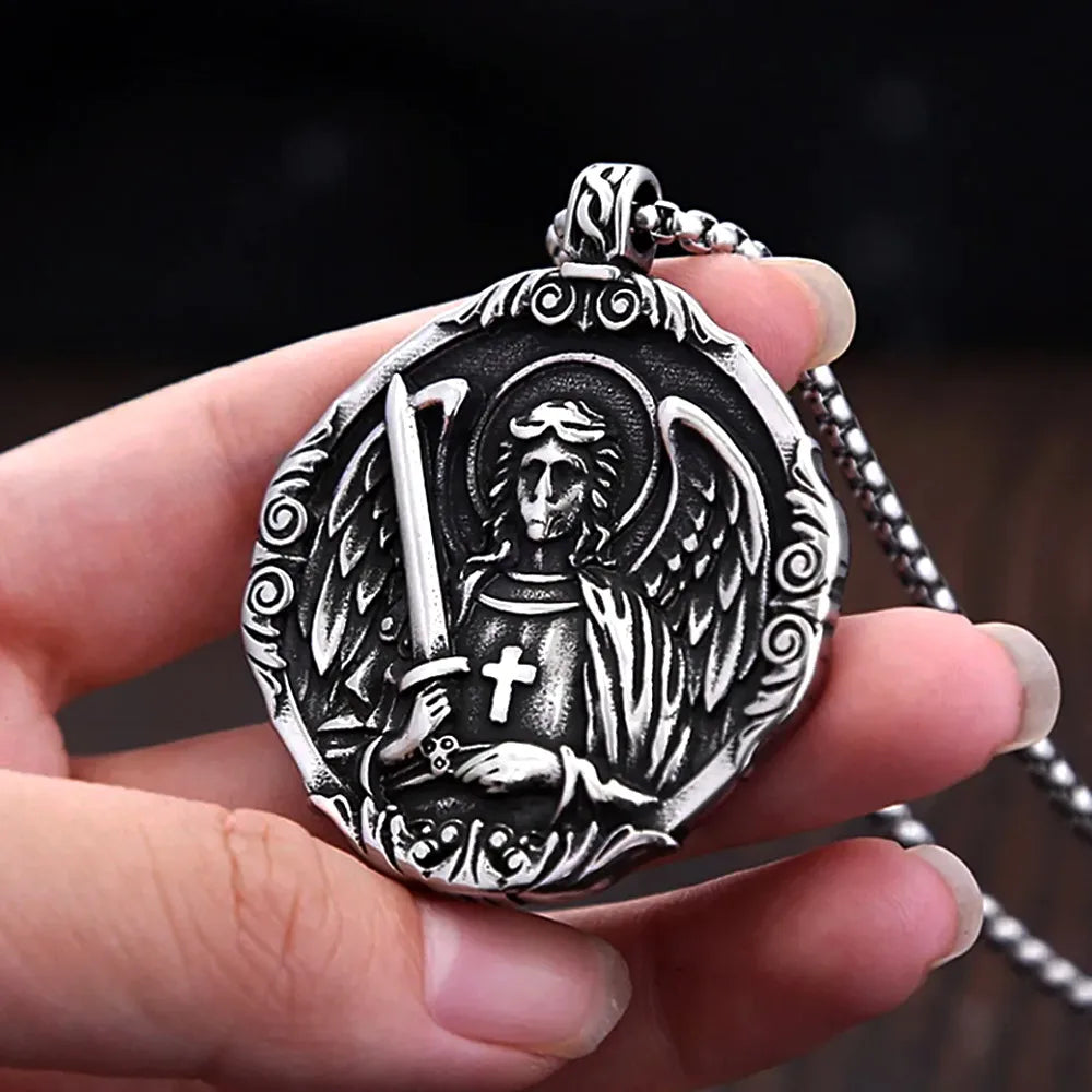 Saint Michael Archangel Cross Pendant Stainless Steel Vintage Classic Archangel Amulet Necklace For Men Women Fashion Jewelry