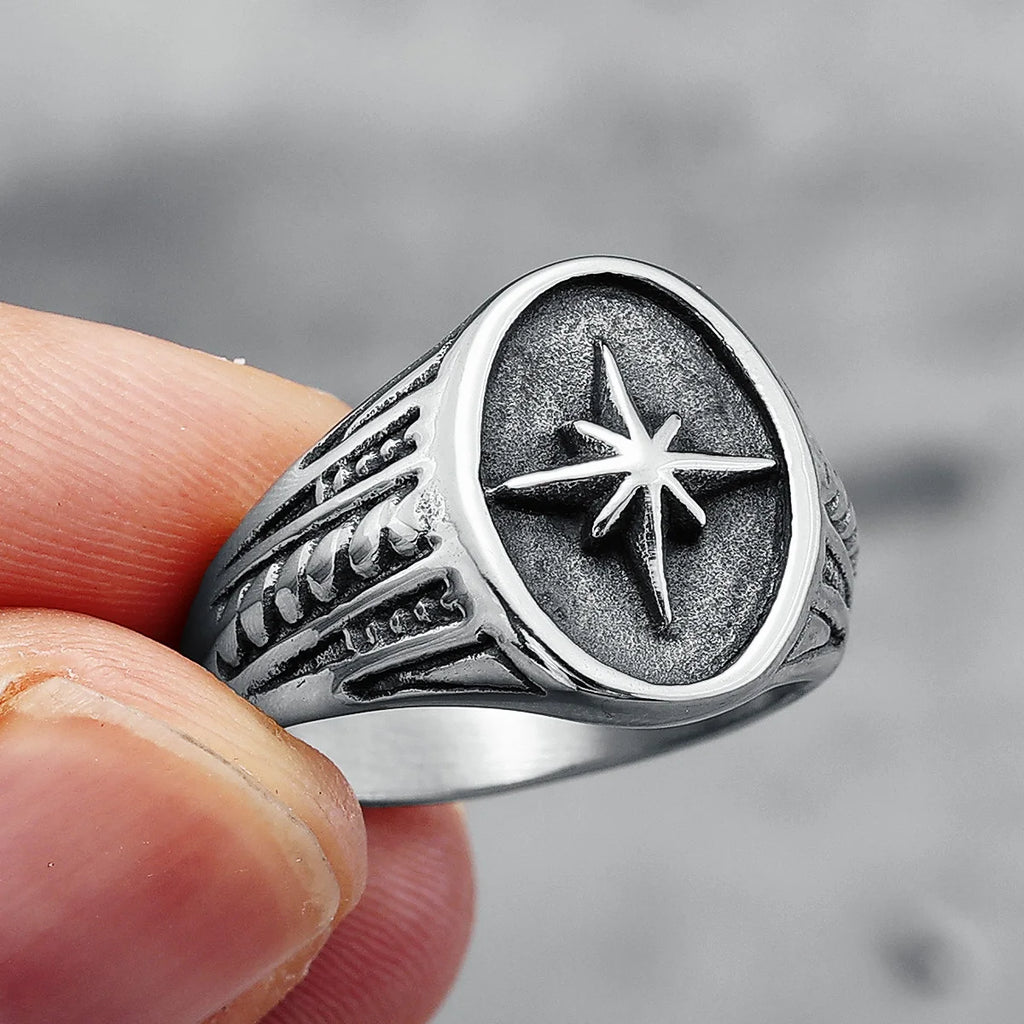 316L Stainless Steel Rings North Star Shining Fashion Men Cool Ring for Friend Rider Biker Jewelry Unique Best Gift