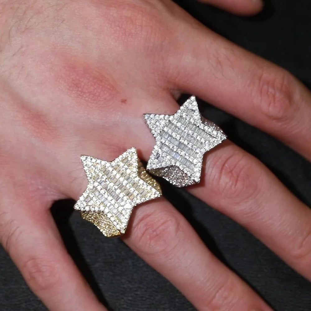 Gold Iced Out Pentagram Ring Statement