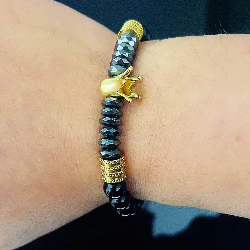 Luxury Black Natural Stone Beads Skull Crown Leopard Head Charms Man Bracelet For Women Hand Jewelry Gift