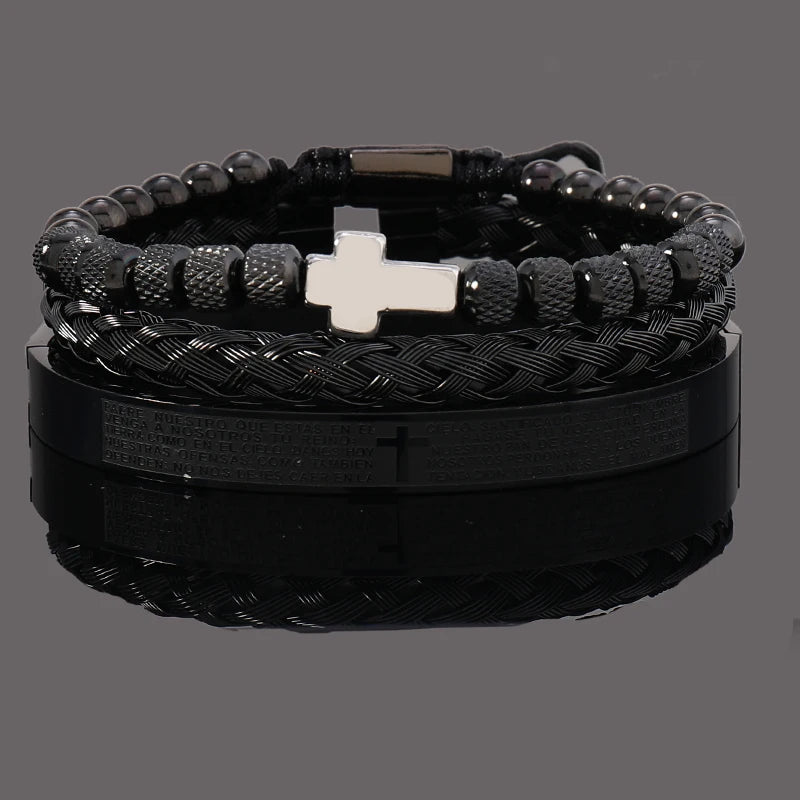 Spanish Scripture Cross Beaded Bracelet Set — Stainless Steel