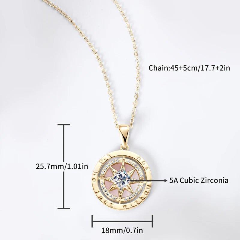 RAPRGOLD 925 Sterling Silver Compass Necklace 6.5mm Sparkly Cubic Zirconia Fashion Pendant Necklaces for Women Men Jewelry Gift