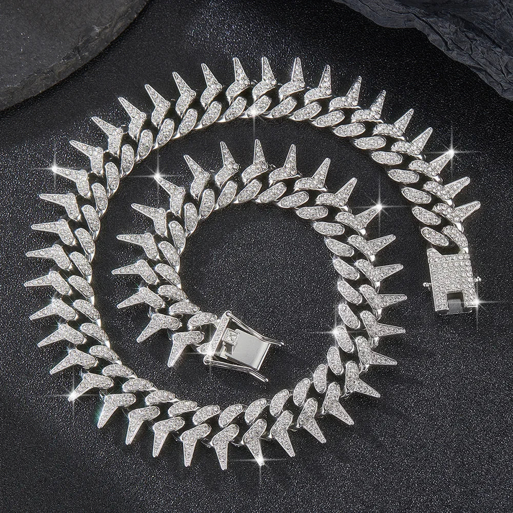 Full 20mm Thorn Set Cuban Chain Punk Retro Hip Hop Chic Bracelet Collarbone Chain Hip Hop Accessory
