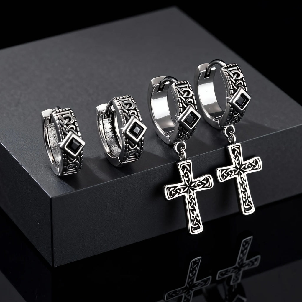 Vintage Celtic Knot Cross Pendant Earrings for Men, Black Zircon Stainless Steel Rhombus Hoop Earrings, Punk Gothic