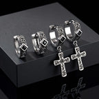 Vintage Celtic Knot Cross Pendant Earrings for Men, Black Zircon Stainless Steel Rhombus Hoop Earrings, Punk Gothic