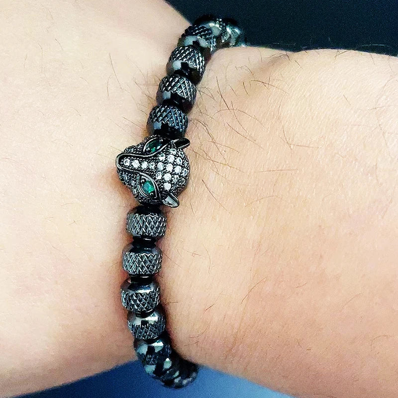 Luxury Stainless Steel Beads Beaded Leopard Head Man Bracelet For Women Hand Jewelry Couple Gift