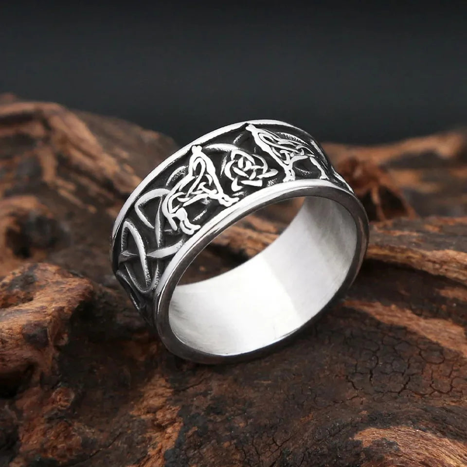 Wolf Odin Steel Ring Vintage Nordic Double Vikings