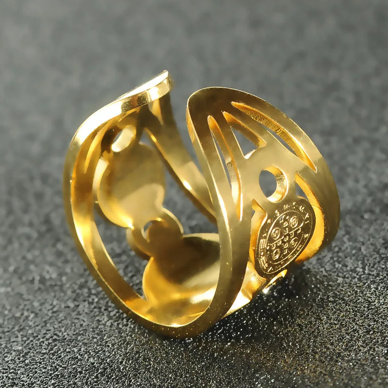 Saint Benedict Medal Cutout Open Ring — Stainless Steel