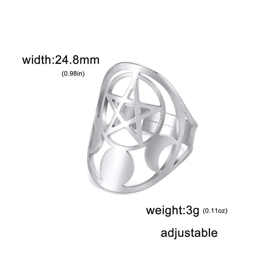 Moon Phase Pentagram Adjustable Ring — Stainless Steel