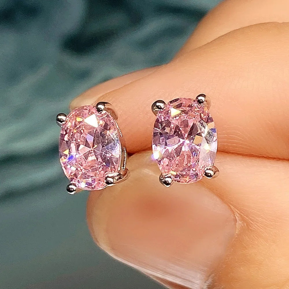 Oval Colored Zircon Four Claw Stud Earrings — Stainless Steel