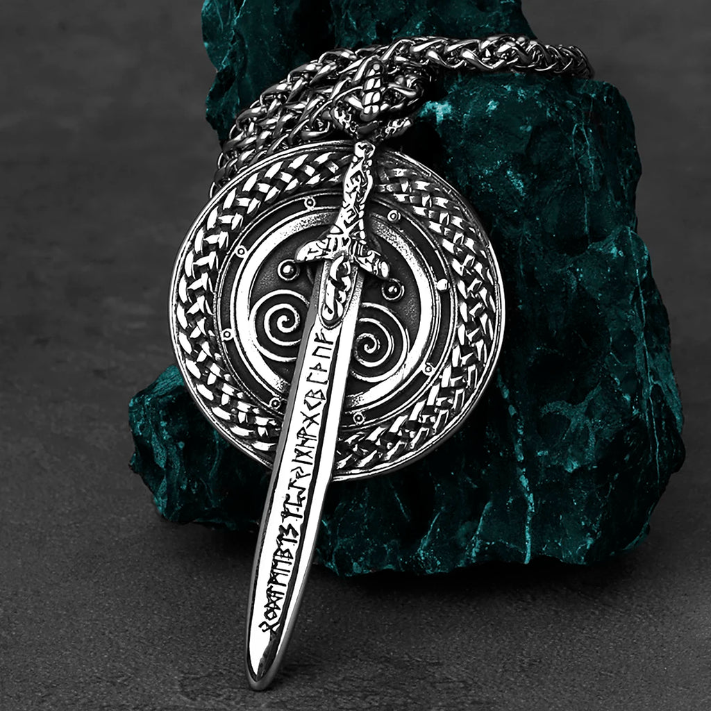 Viking Sword Shield Pendant Necklace — Steel