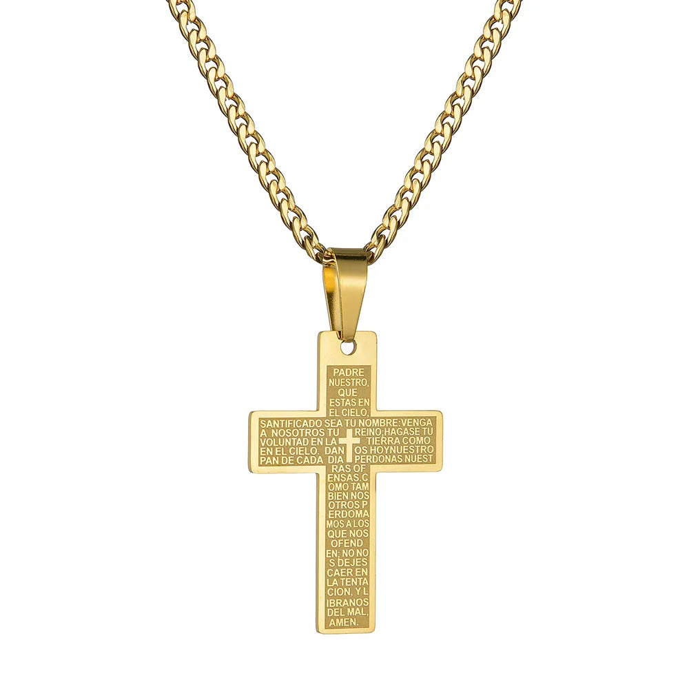 Gold Bible Cross Pendant Necklace — Stainless Steel