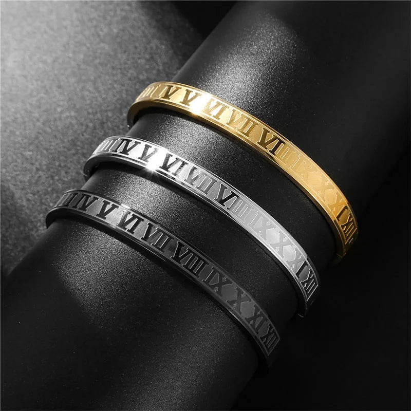 Roman Numeral Charm Bangle — Stainless Steel