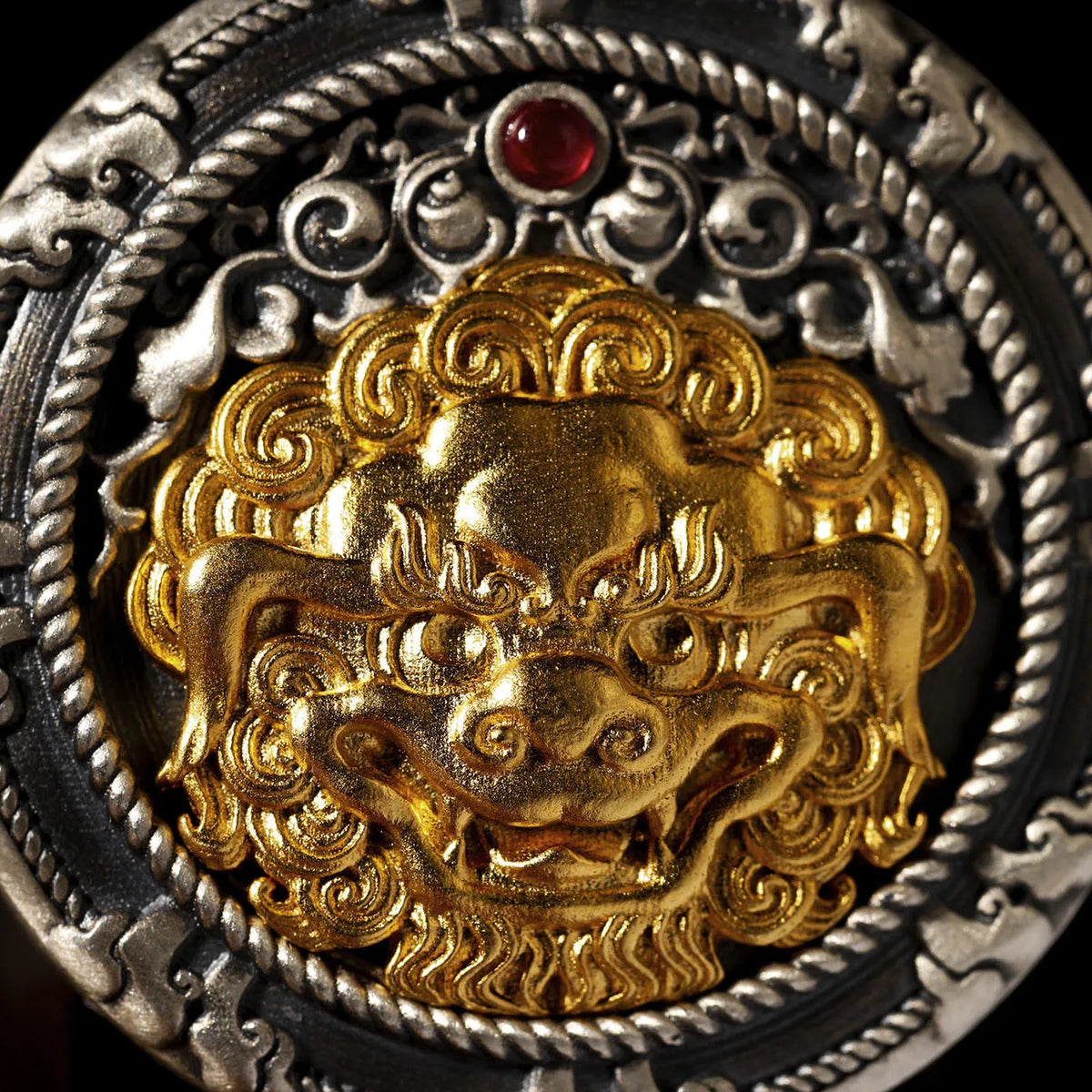 Lion Head Suanni Divine Beast Pendant Necklace — Gold-Tone