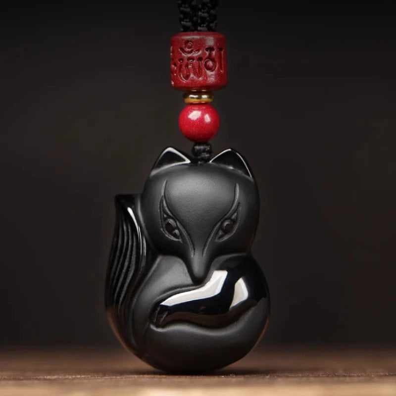 Natural Obsidian Small Fox Cinnabar Pendant Men and Women Year of The Dragon Necklace Pendant Crystal Charm Jewelry Accessories