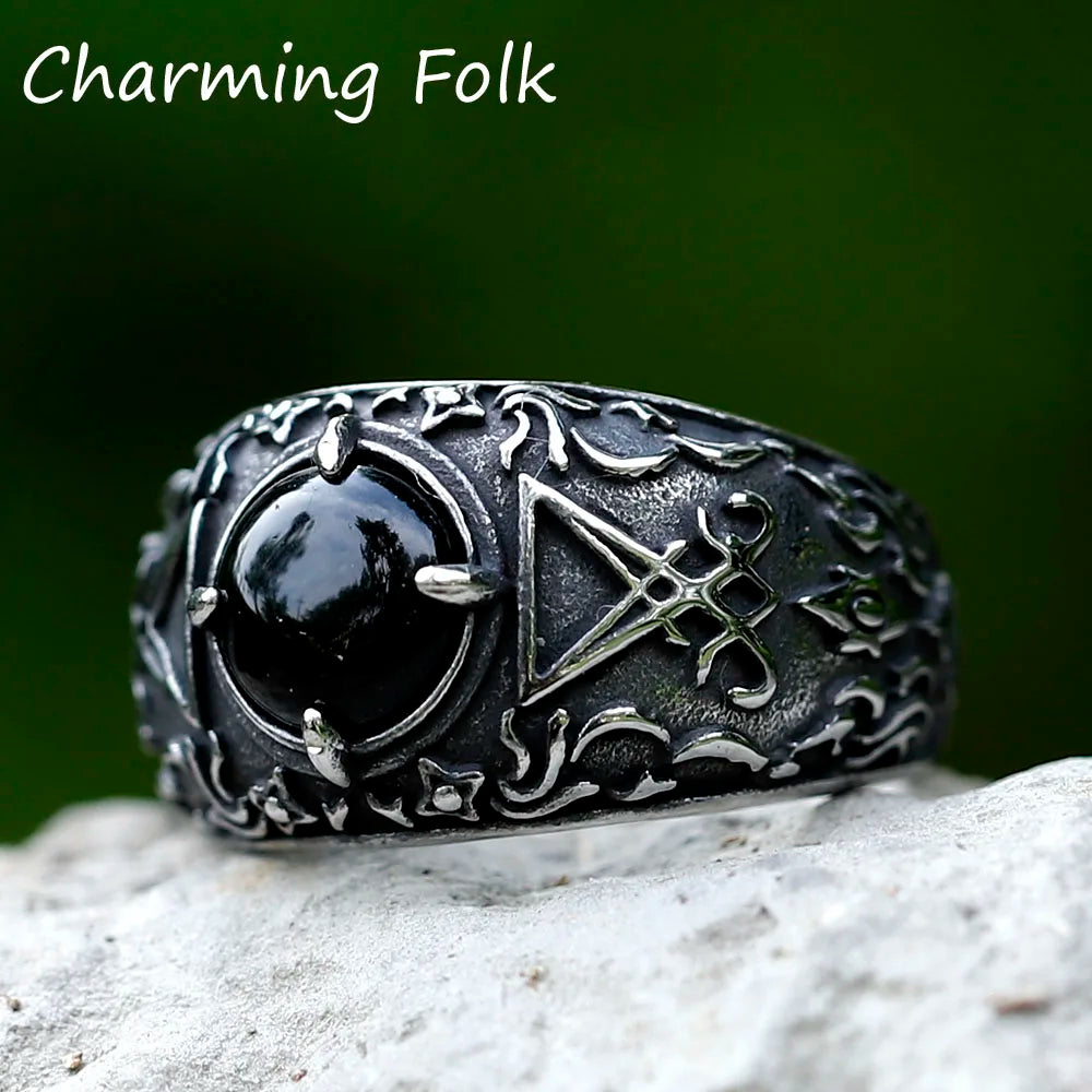 2023 New Updated Design Lucifer Satan Signet Ring For Men With Black Stone Stainless Steel Vintage Jewelry Gift free