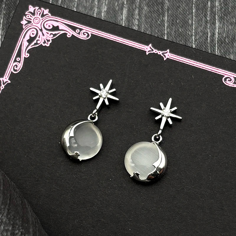 Star Moon Silver Earrings Sterling Zircon Starburst