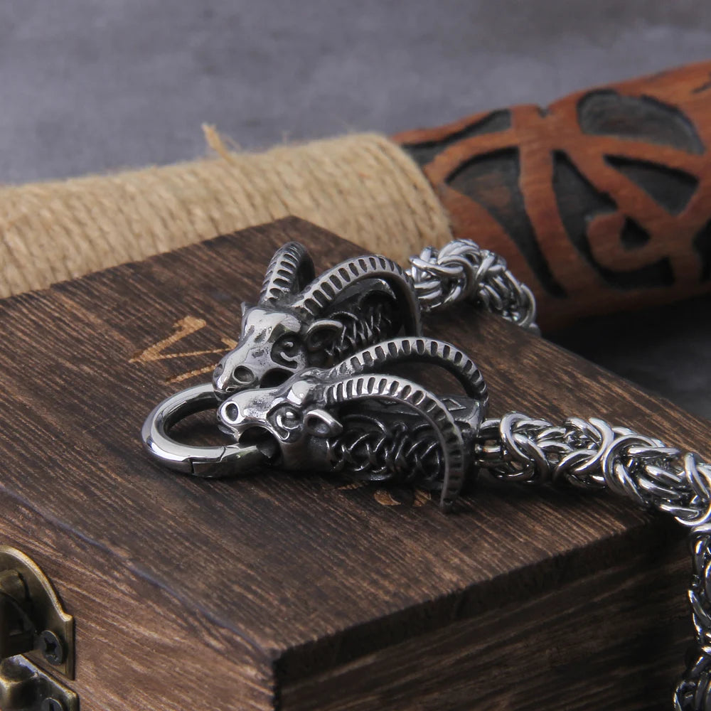 Stainless Steel Viking Goat Head Square-link Chain with Round Clasp without Pendant with wooden box as christmas gift