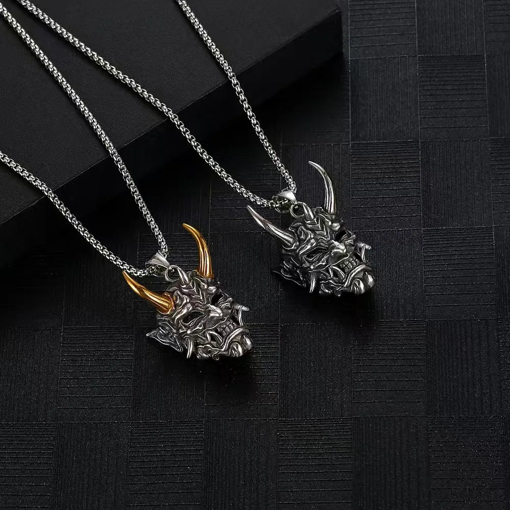 Retro Punk Demon Mask Samurai Ghost Pendant Necklace, Unisex Long Chain, Hip-Hop Rock Party Necklace Gift Accessory
