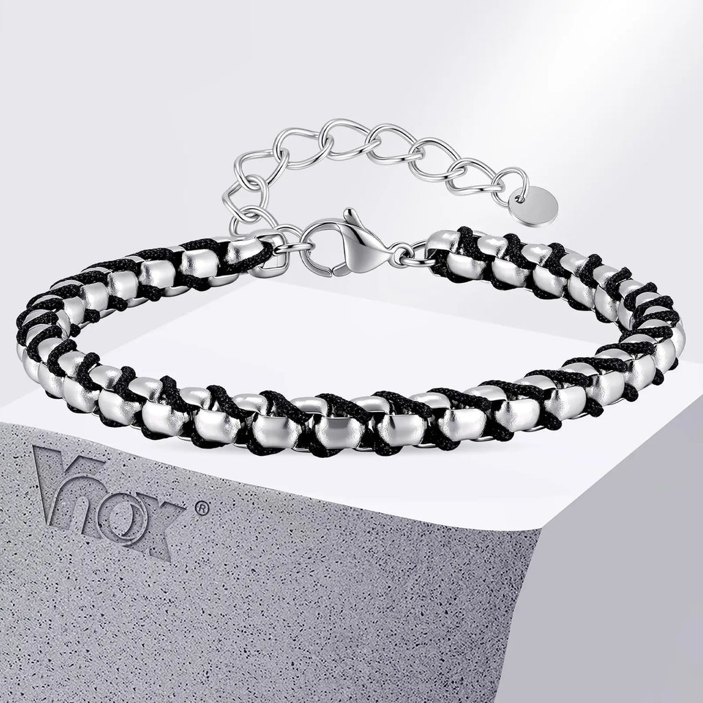 Braided Black Rope Bracelet — Stainless Steel