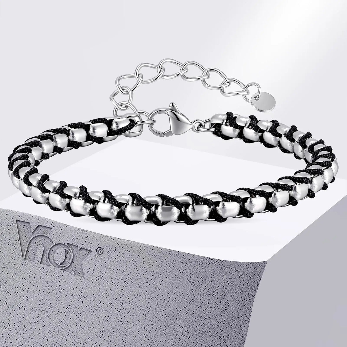 Braided Black Rope Bracelet — Stainless Steel