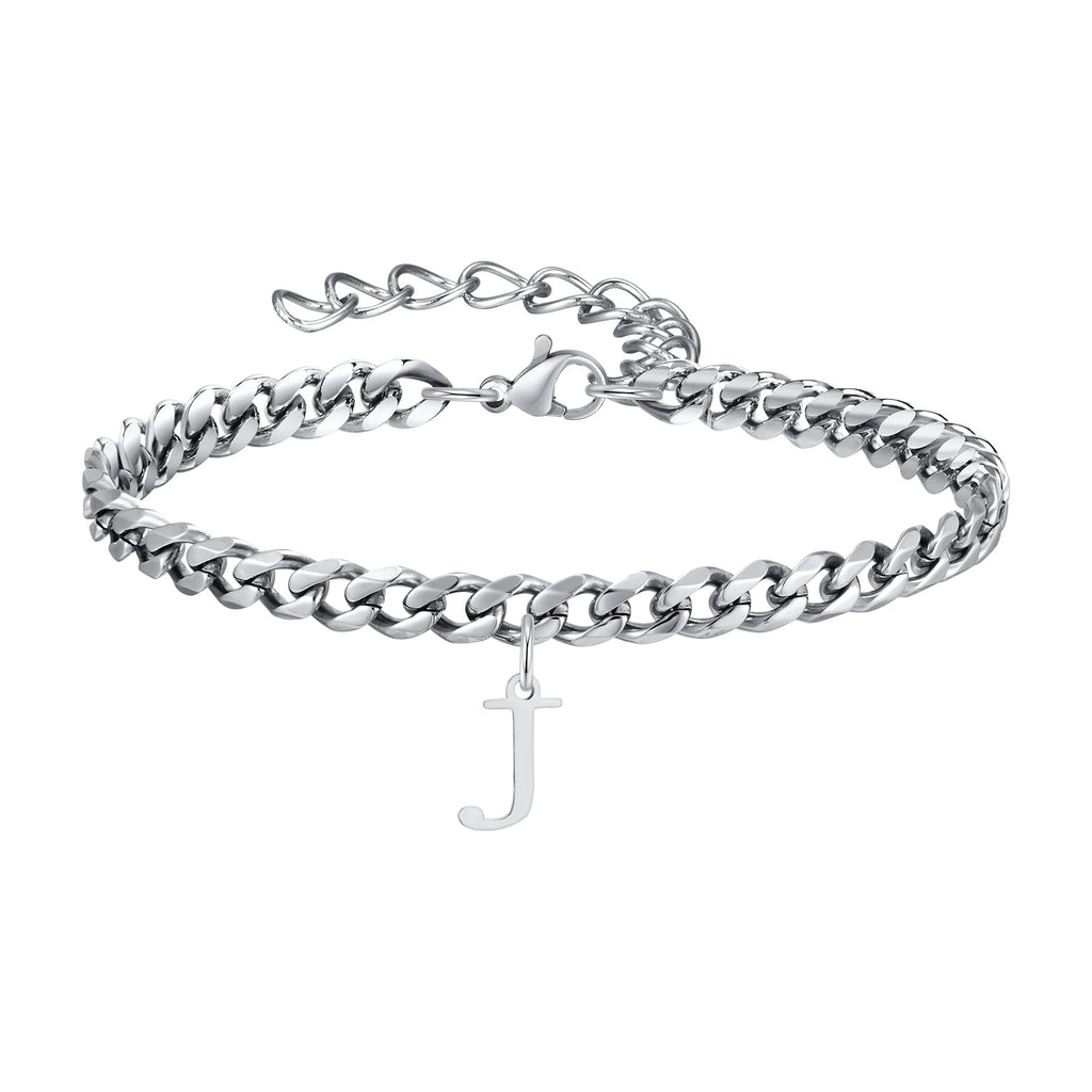 Vnox A-Z Initial Bracelets for Men Women, Never Fade Silver Color Stainless Steel Cuban Chain Bracelet with 26 Letter