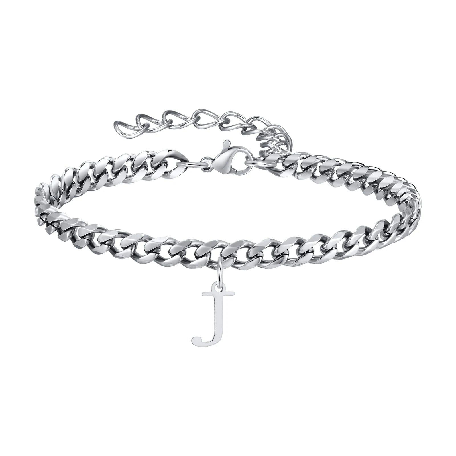 Vnox A-Z Initial Bracelets for Men Women, Never Fade Silver Color Stainless Steel Cuban Chain Bracelet with 26 Letter