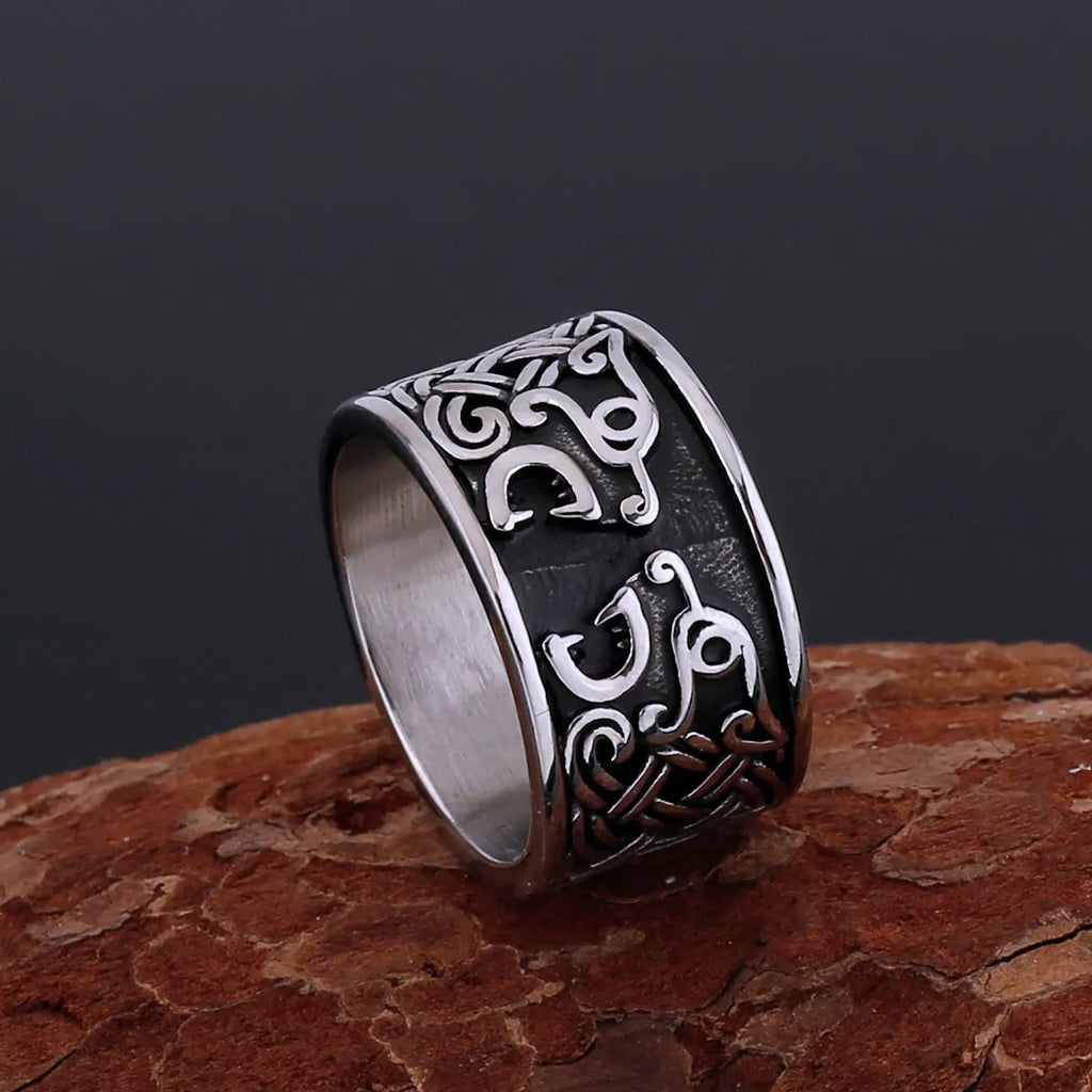 Vikings Stainless Steel Simple Double Wolf Head Ring Scandinavian Celts Knot Symbol Amulet Ring Handmade Punk Hip Hop Jewelry
