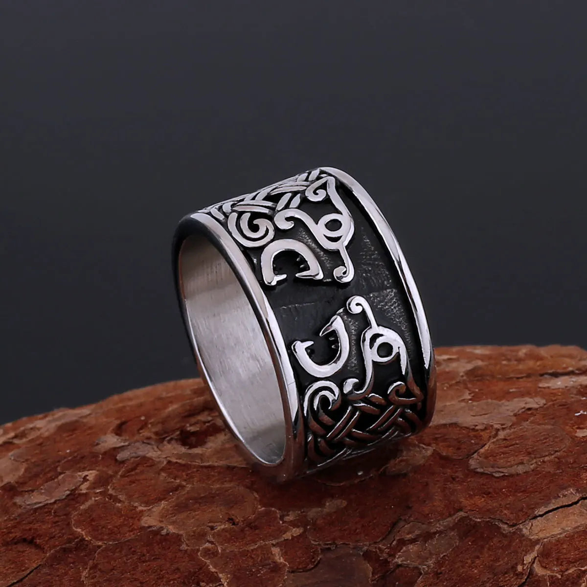 Vikings Stainless Steel Simple Double Wolf Head Ring Scandinavian Celts Knot Symbol Amulet Ring Handmade Punk Hip Hop Jewelry