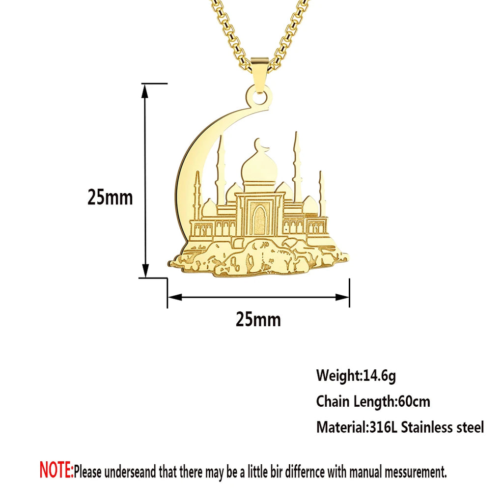Islamic Mosque Crescent Moon Pendant Necklace — Stainless Steel