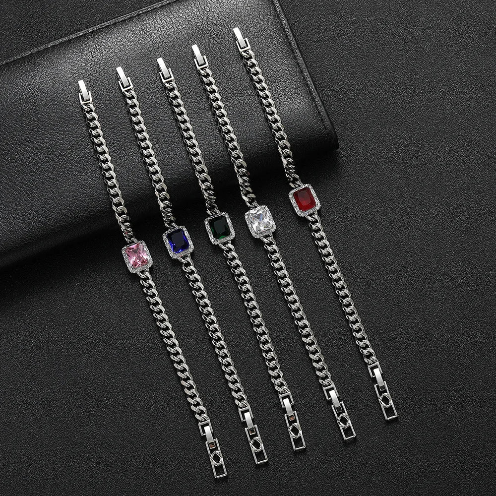 Iced Out Cuban Bracelet Stainless Steel Square Stone