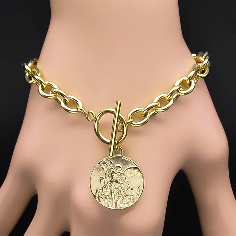 Saint Michael Angel Necklace Bracelet Set — Gold