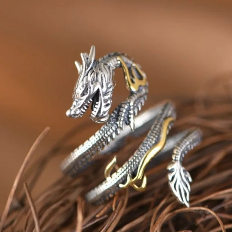 Buyee 925 Sterling Silver Unique Big Ring Elegant Chinese Dragon Open Ring Finger for Men Rock Punk Fine Jewelry Circle