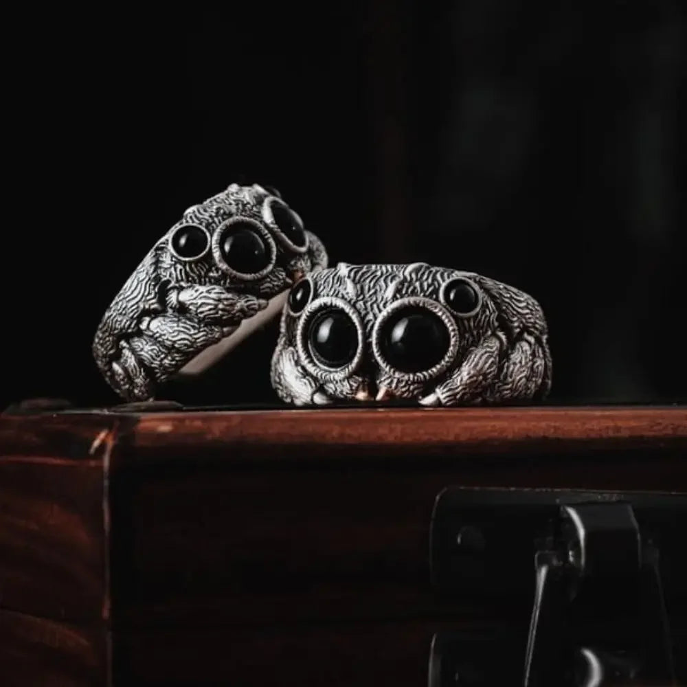 Black Agate Jumping Spider Ring Personalized Electroplated Copper Animal Open Rings Adjustable Opening Fashion