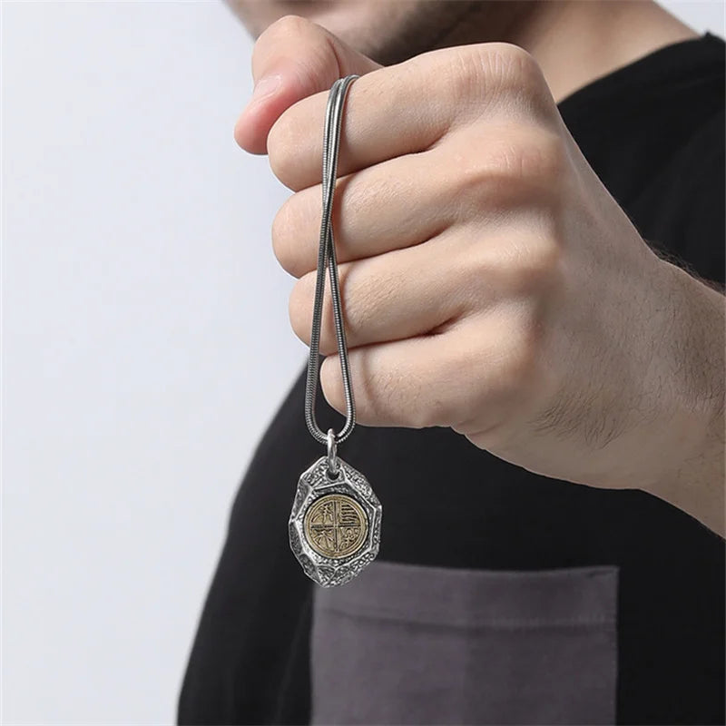 Vintage Boundless Joy Stone Pendant For Men Jewelry Ethnic Style Lucky Chain Necklace Male Personality Sweater Accessories