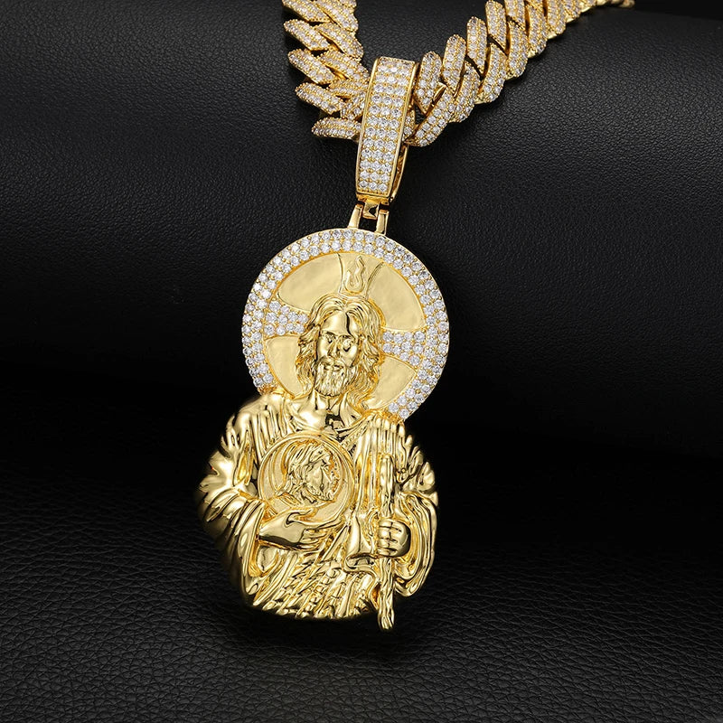 Iced Out Cross Jesus Piece Pendant Necklace — Copper Alloy