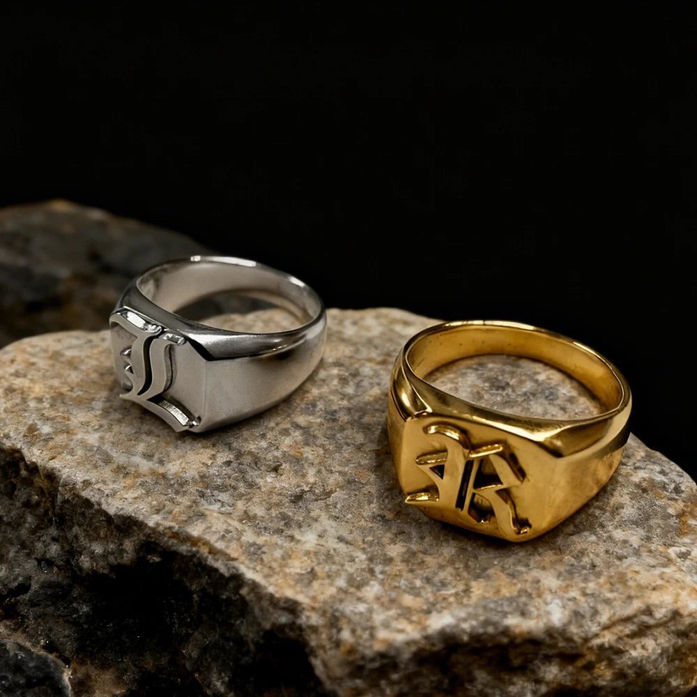 custom men Signet Ring Gothic Old English Initial Ring stainless steel Silver wedding Ring Personalized logo Christmas gift
