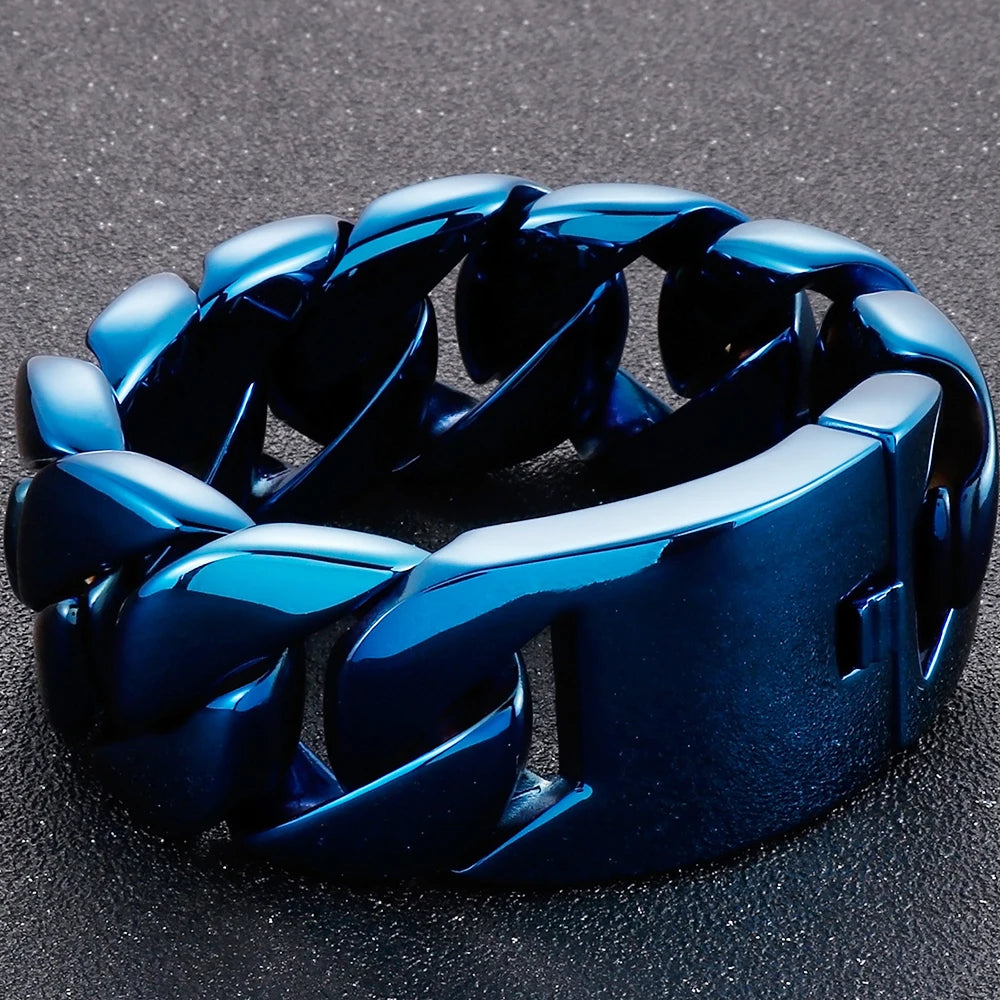 Men's Heavy Big Chunk 32MM Width Curb Cuban Link Chain Bracelet Man Blue Rainbow 316L Stainless Steel Jewelry Birthday