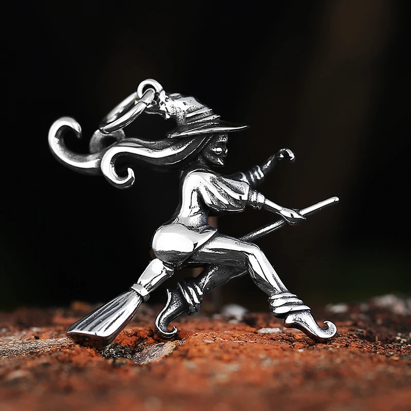 Movie 316L Stainless Steel Witch On Broomstick Halloween Charm Pendants For Jewelry Making Magician Pendants Charm