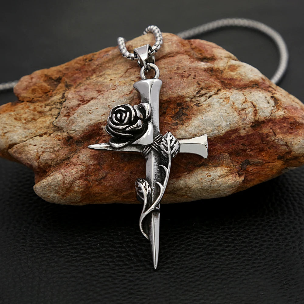 Rose Cross Pendant — Stainless Steel