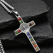 CZ St. Benedict Jesus Cross Pendant Necklace — Stainless Steel